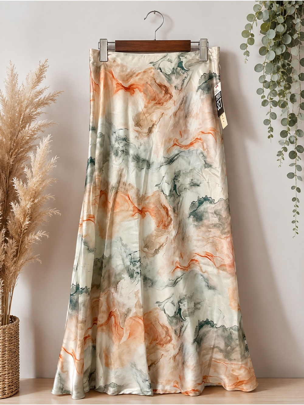 Marble-Print Satin Maxi Skirt in Cream and Green